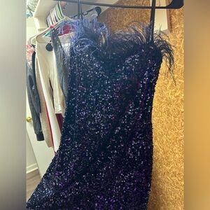Strapless Sequin Feather Cocktail Dress - Purple